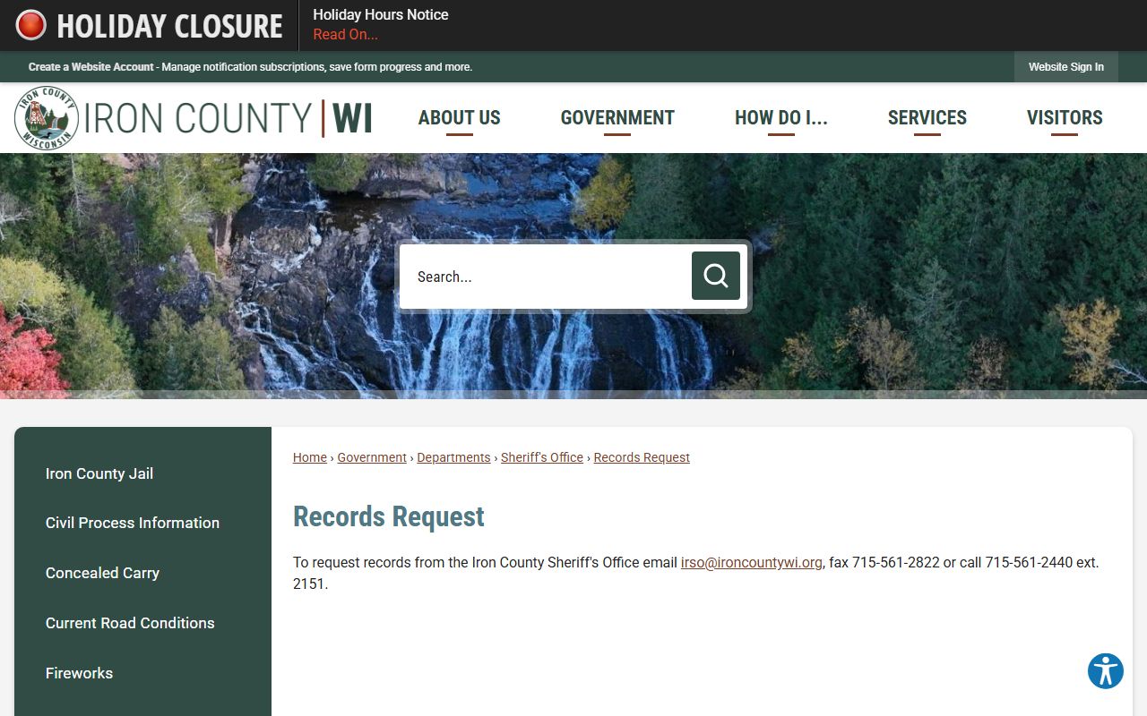 Iron County sheriff records request page for jail mugshot and booking photo requests